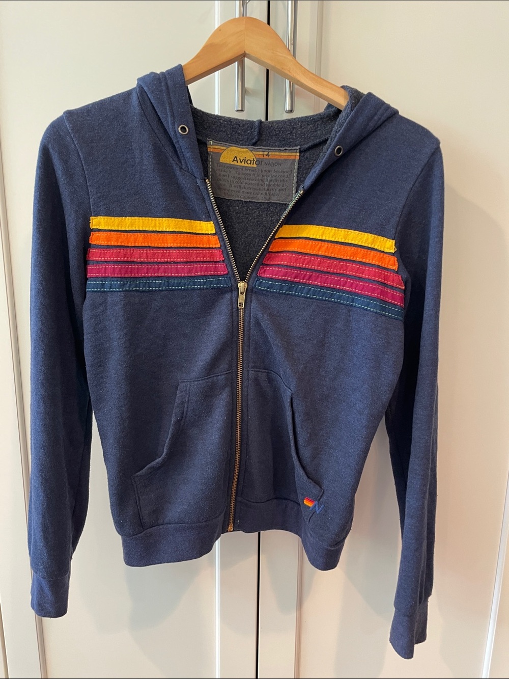 Aviator Nation Navy Hoodie with Yellow, Orange & Pink Chest Stripes